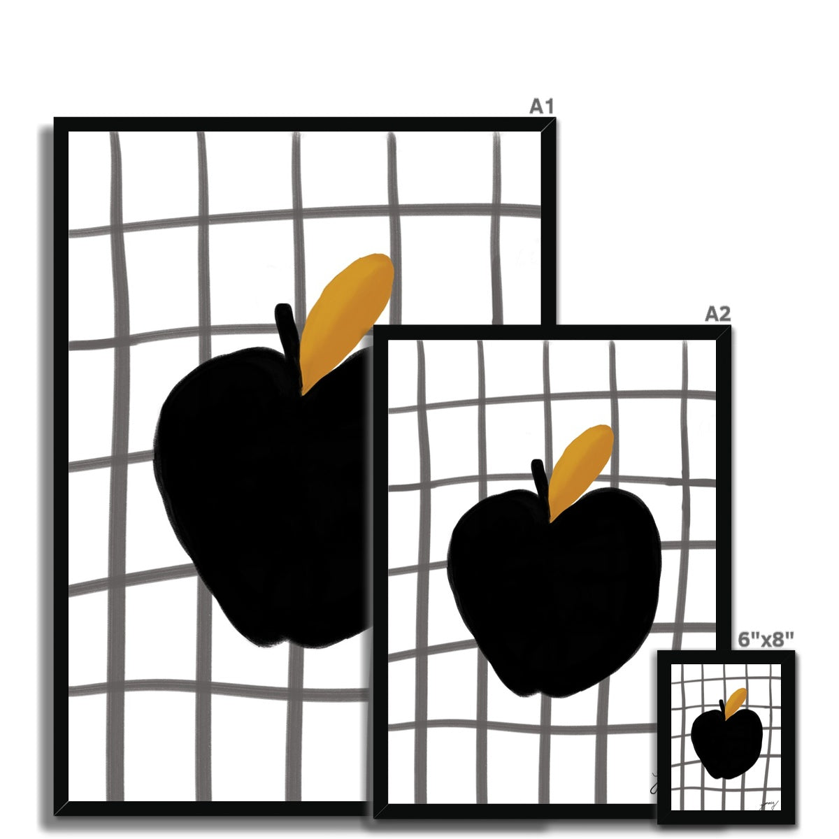 Yummy Apple Print - White with Black Framed Print