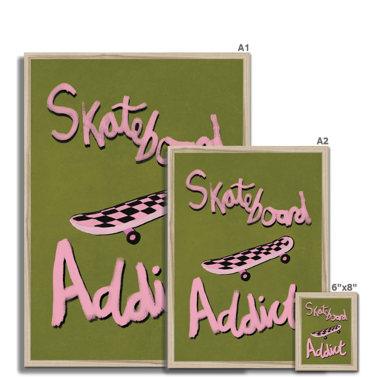 Skateboard Addict - Olive Green, Pink Framed Print