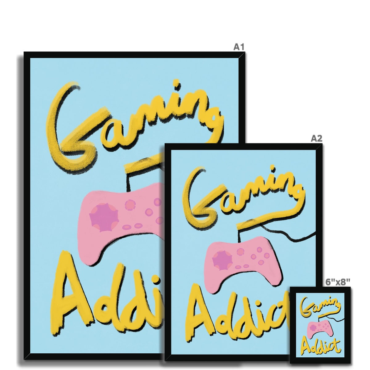 Gaming Addict Print - Light Blue, Yellow, Pink Framed Print