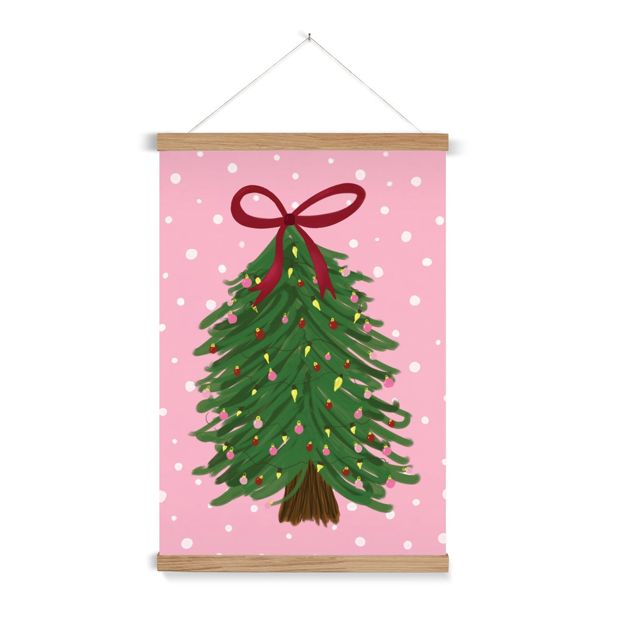 Pink Christmas Tree with Snow Fine Art Print with Hanger