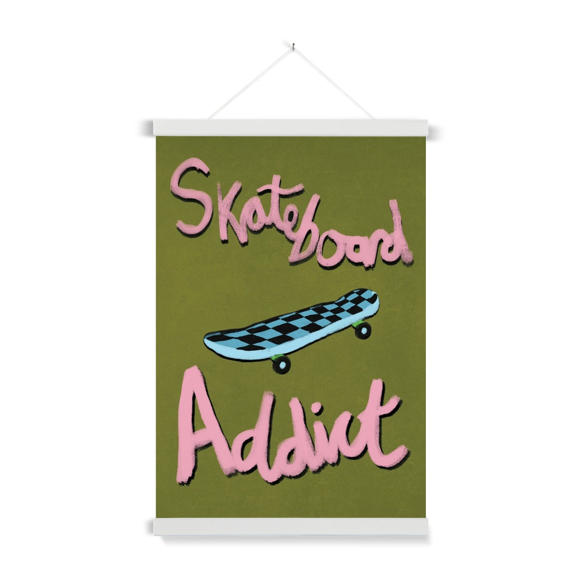 Skateboard Addict - Olive Green, Pink, Blue Fine Art Print with Hanger