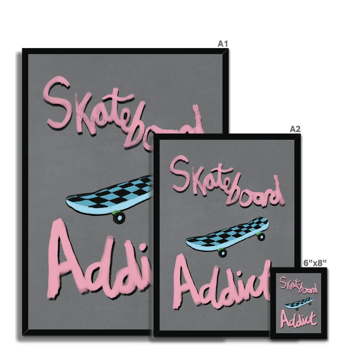 Skateboard Addict - Light Grey, Pink, Blue Framed Print