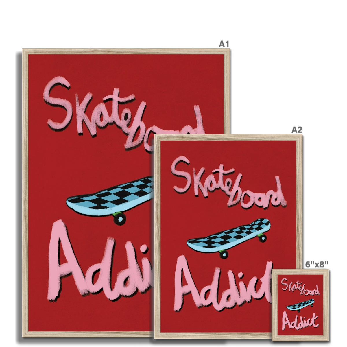 Skateboard Addict - Red, Pink, Blue Framed Print