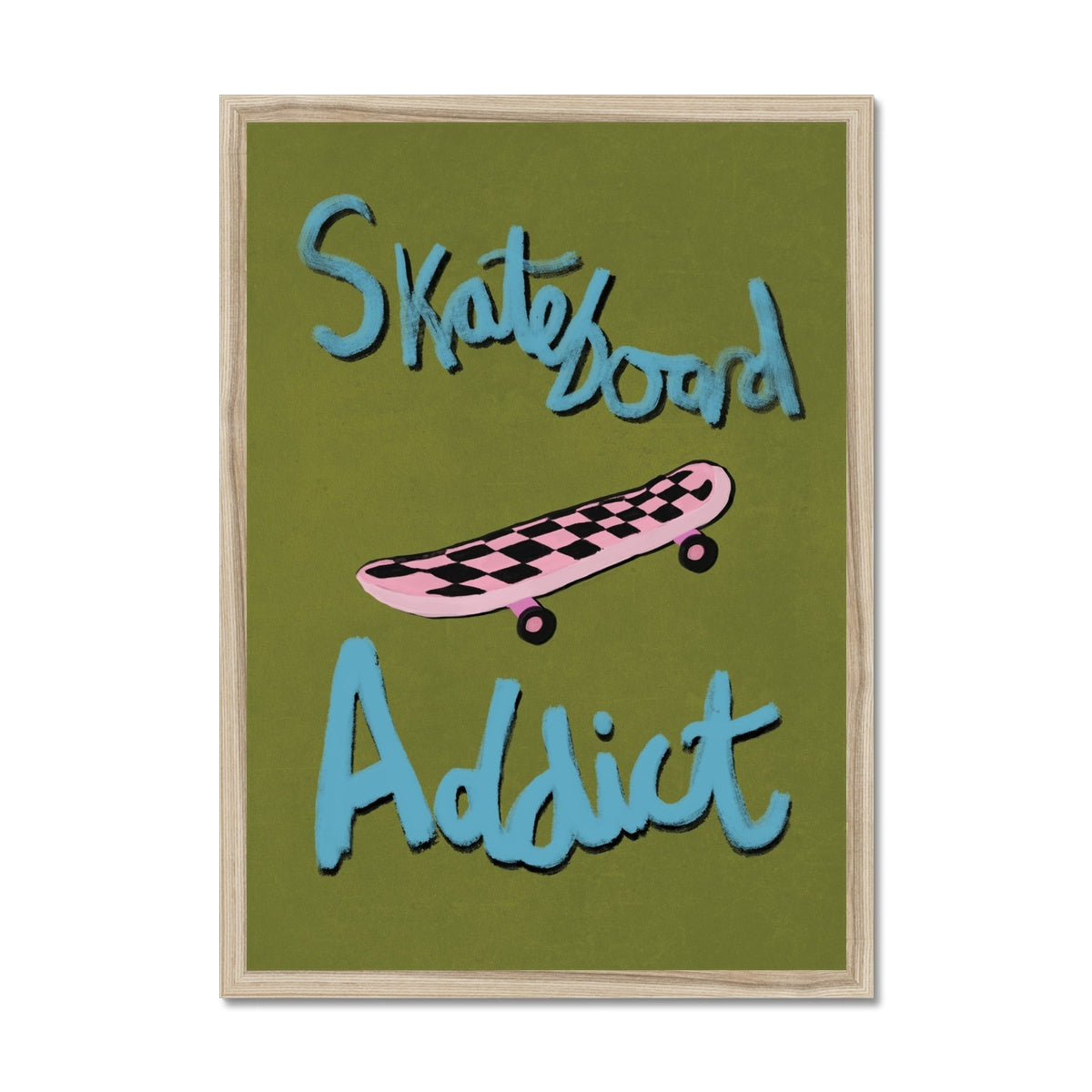 Skateboard Addict - Olive Green, Blue, Pink Framed Print