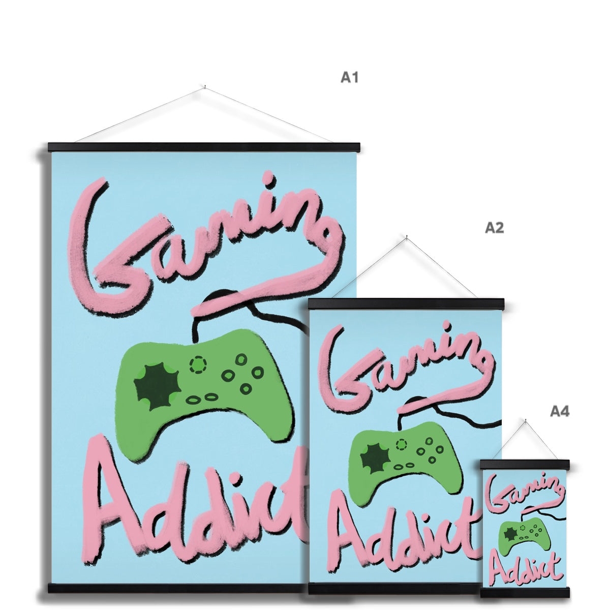 Gaming Addict Print - Light Blue, Pink, Green Fine Art Print with Hanger