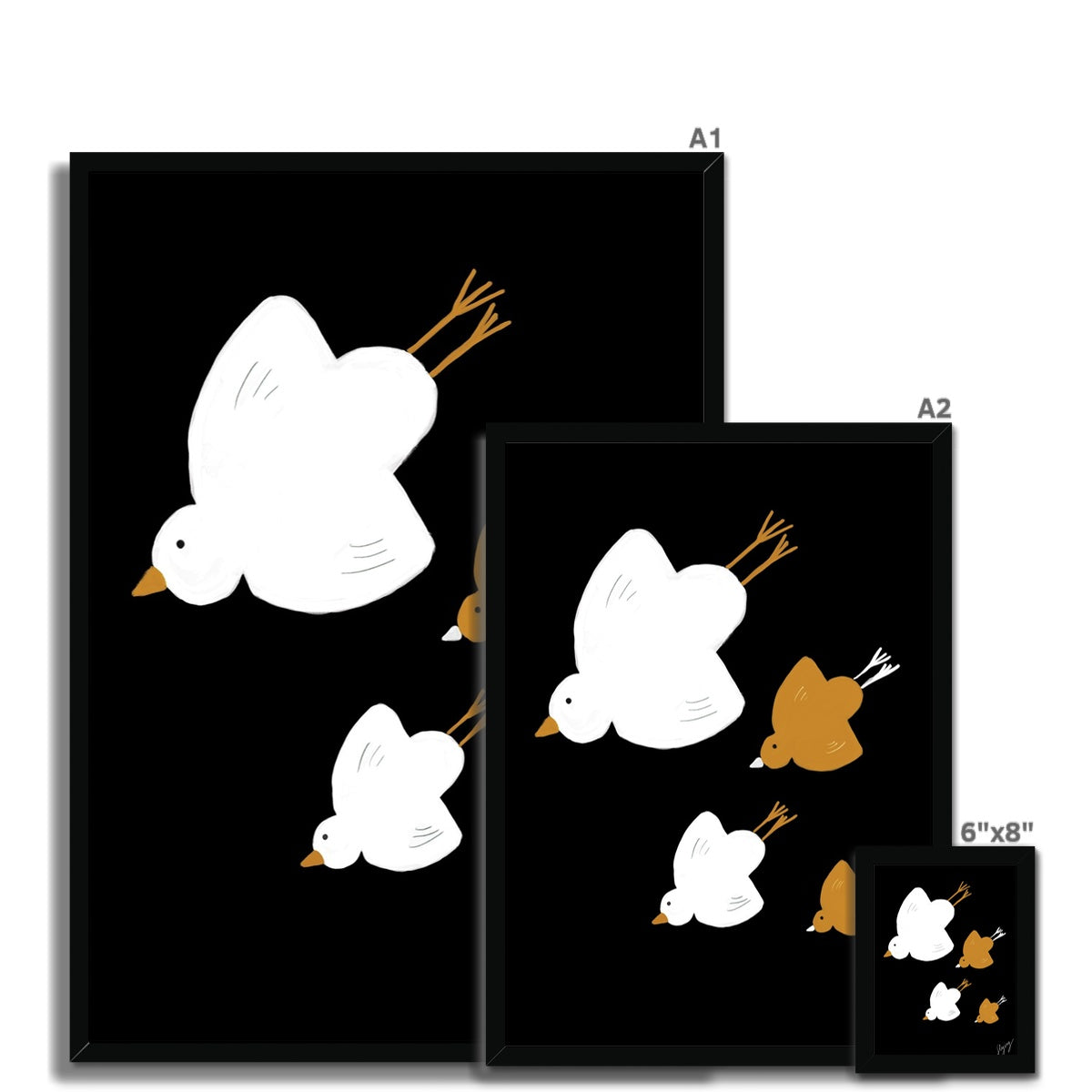 Flying Birds Print - Black with white, brown Framed Print