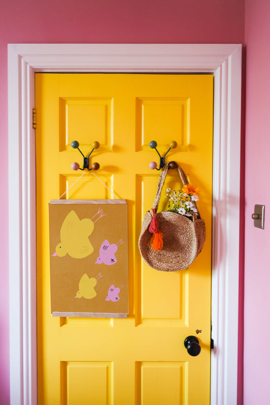 Flying Birds Print - Brown, Pink, Yellow Fine Art Print