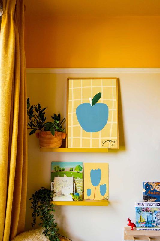 Yummy Apple Print - Yellow, Blue Framed Print