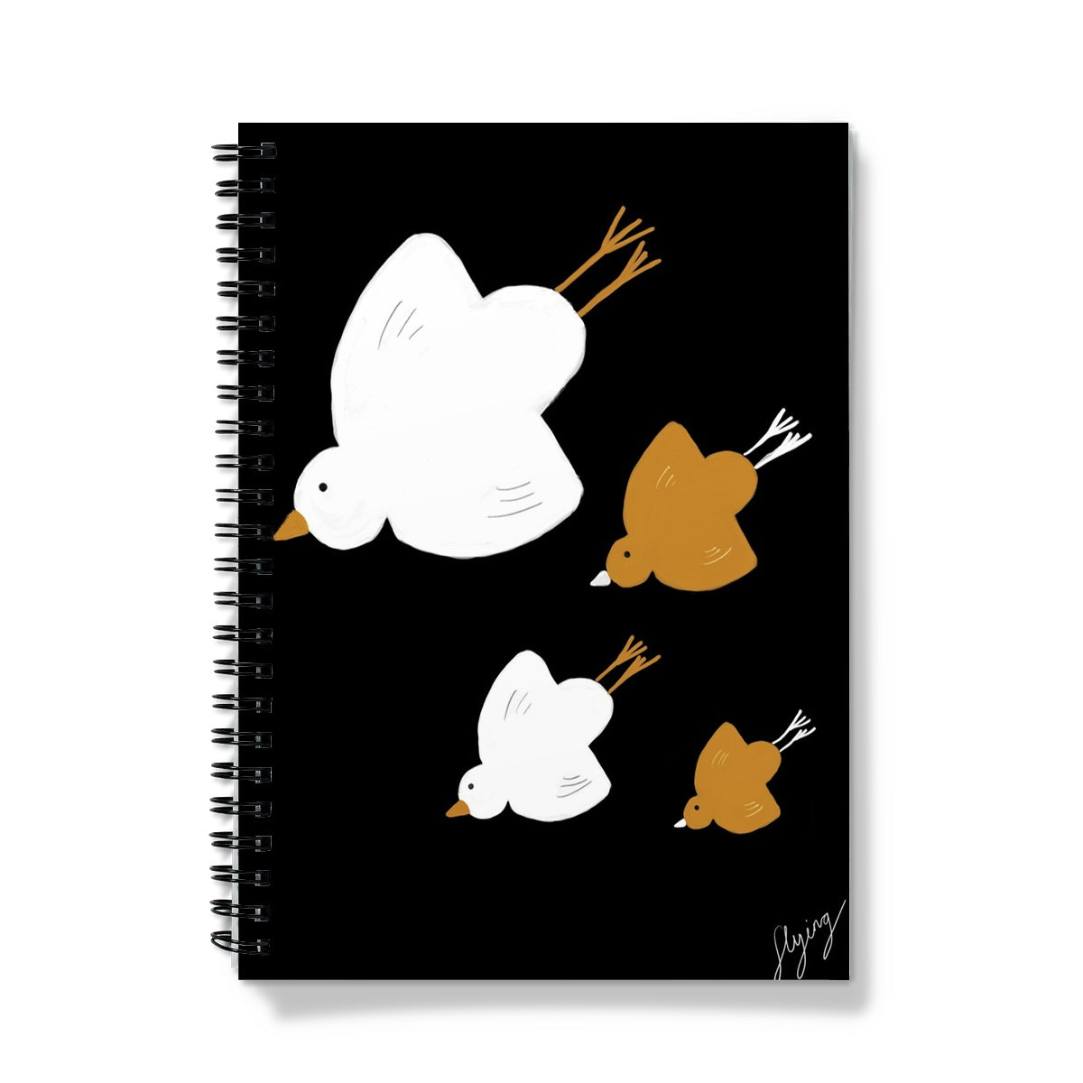 Flying Birds Print - Black with white, brown Notebook