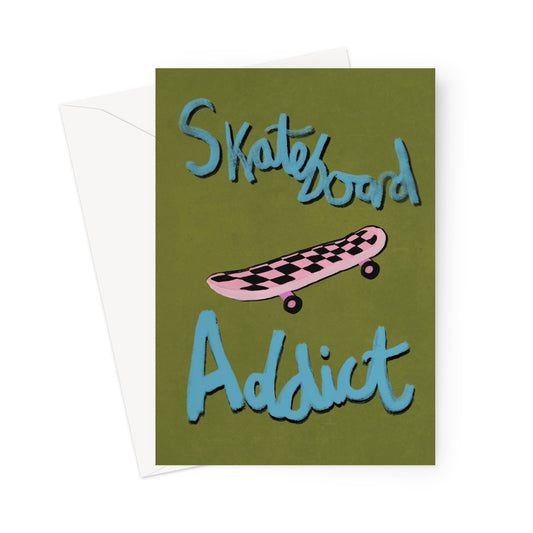 Skateboard Addict - Olive Green, Blue, Pink Greeting Card