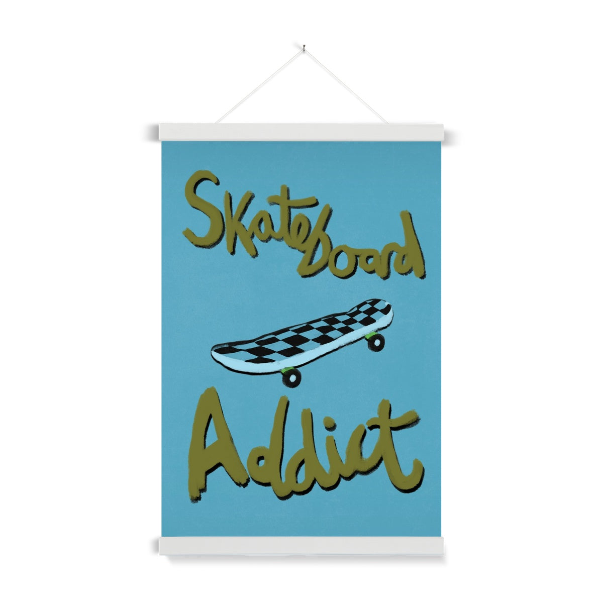 Skateboard Addict - Olive Green, Blue Fine Art Print with Hanger