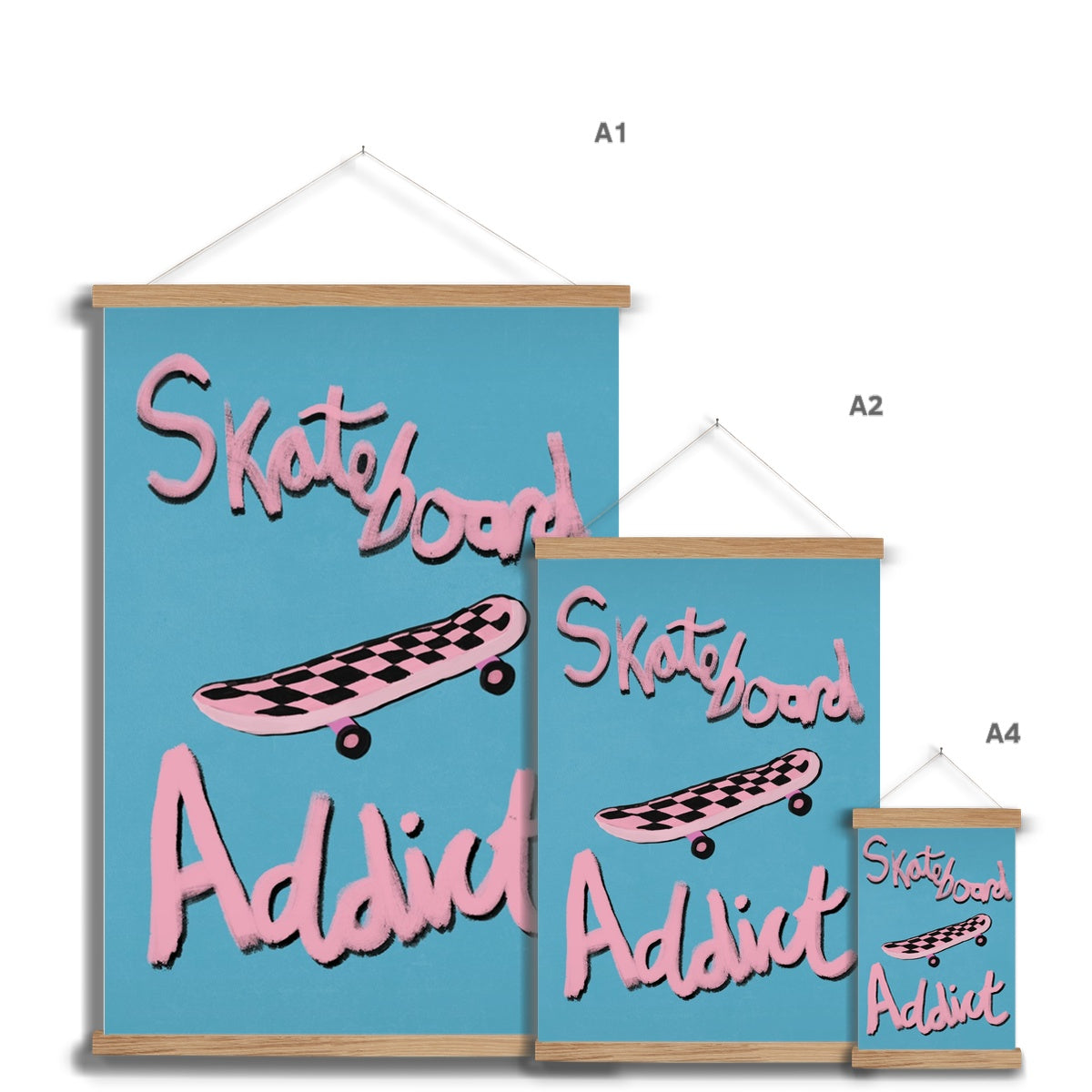 Skateboard Addict - Blue, Pink Fine Art Print with Hanger