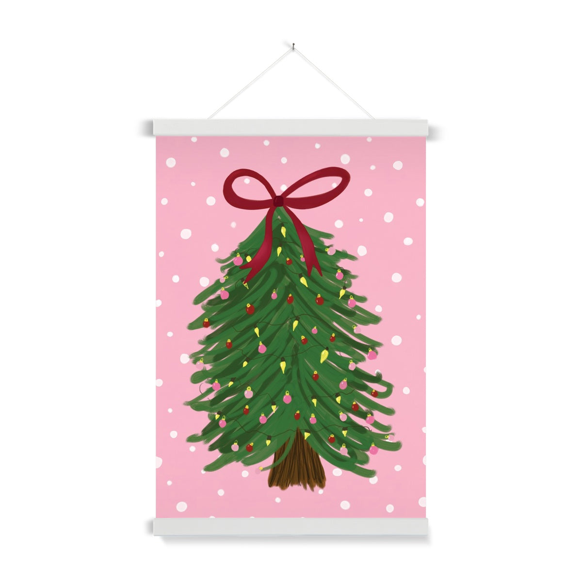 Pink Christmas Tree with Snow Fine Art Print with Hanger