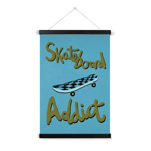 Skateboard Addict - Olive Green, Blue Fine Art Print with Hanger