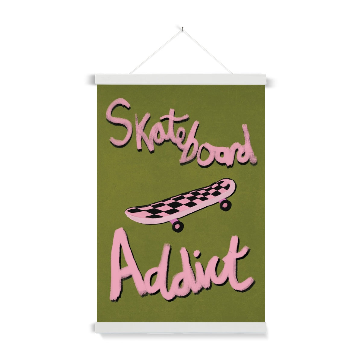 Skateboard Addict - Olive Green, Pink Fine Art Print with Hanger