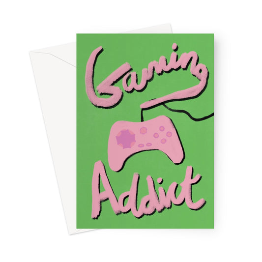 Gaming Addict Print - Green, Pink Greeting Card