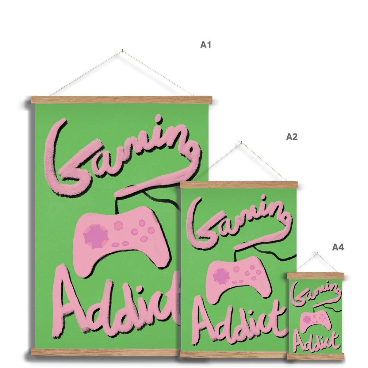 Gaming Addict Print - Green, Pink Fine Art Print with Hanger