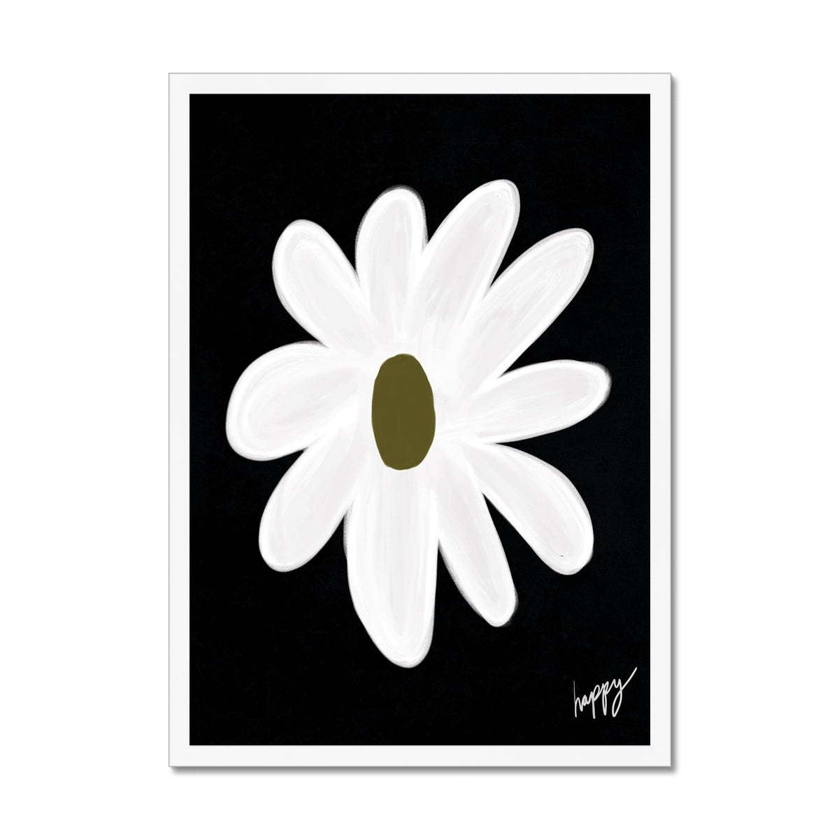 Happy flower print - Black, white, olive green Framed Print