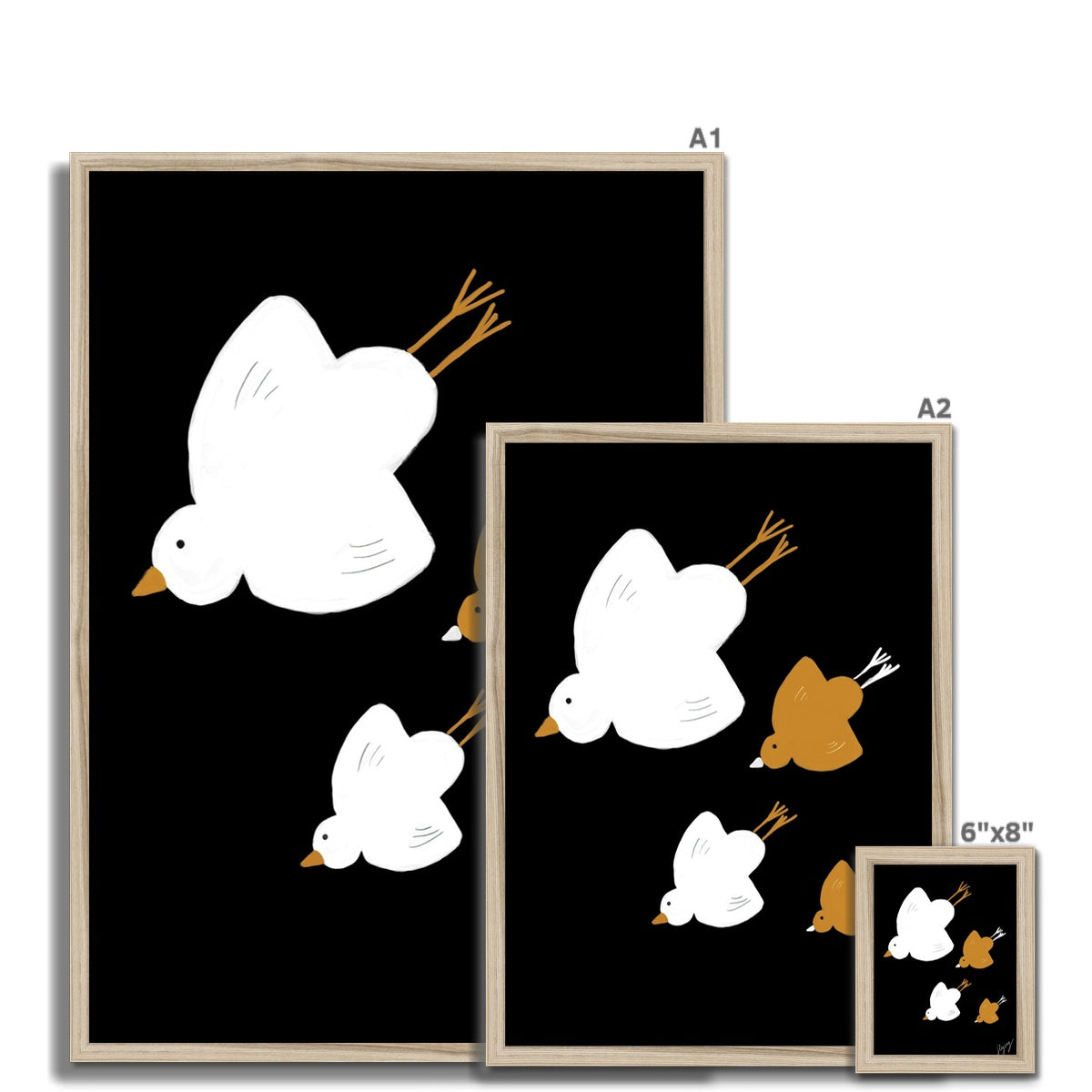Flying Birds Print - Black with white, brown Framed Print