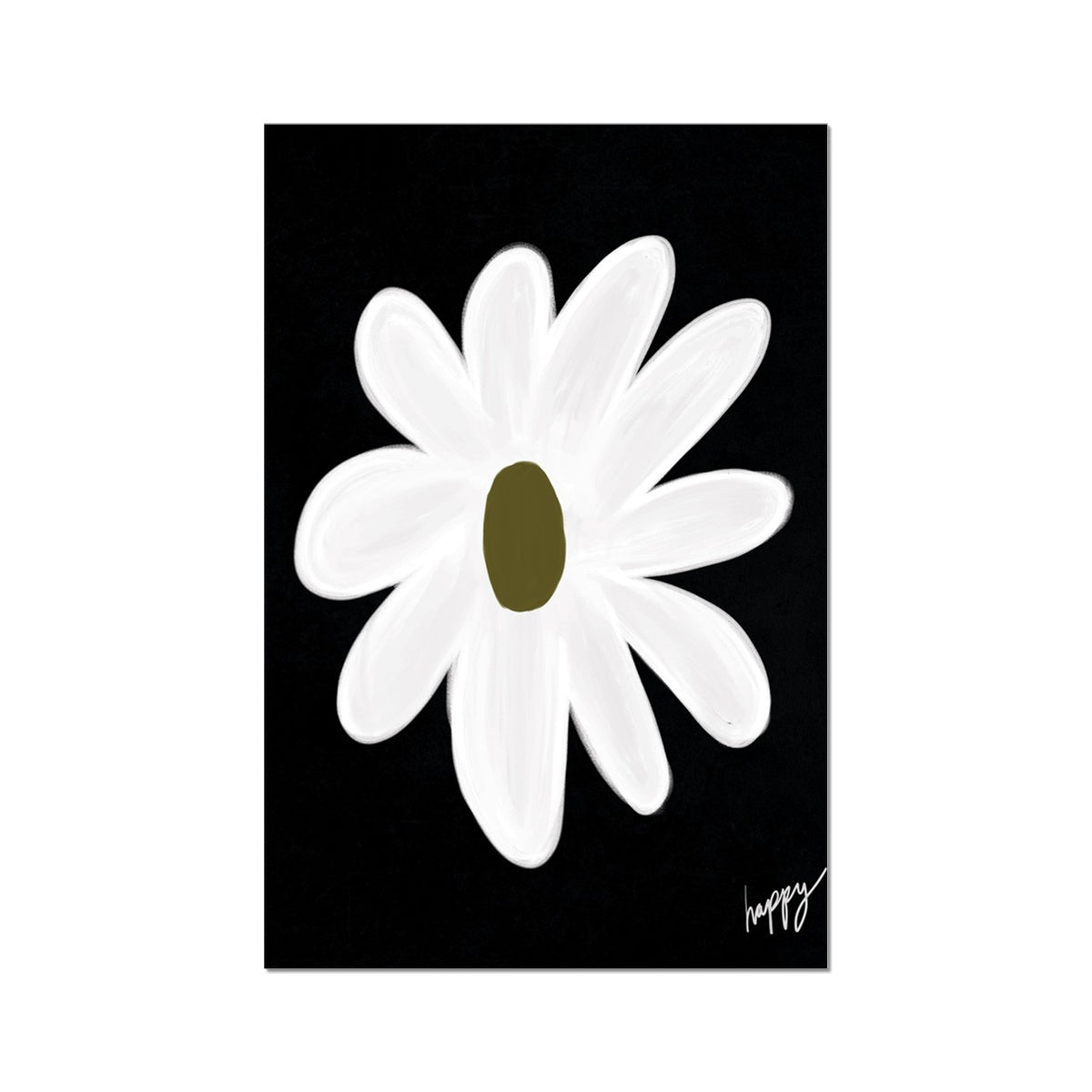 Happy flower print - Black, white, olive green Fine Art Print