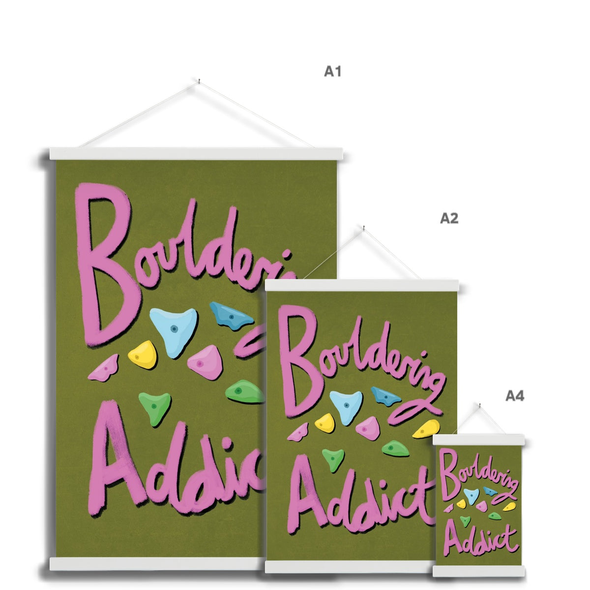 Bouldering Addict - Olive Green and Pink Fine Art Print with Hanger