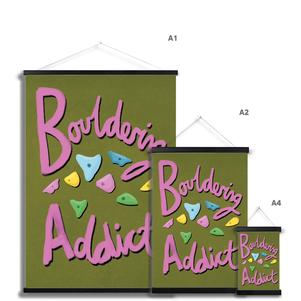 Bouldering Addict - Olive Green and Pink Fine Art Print with Hanger