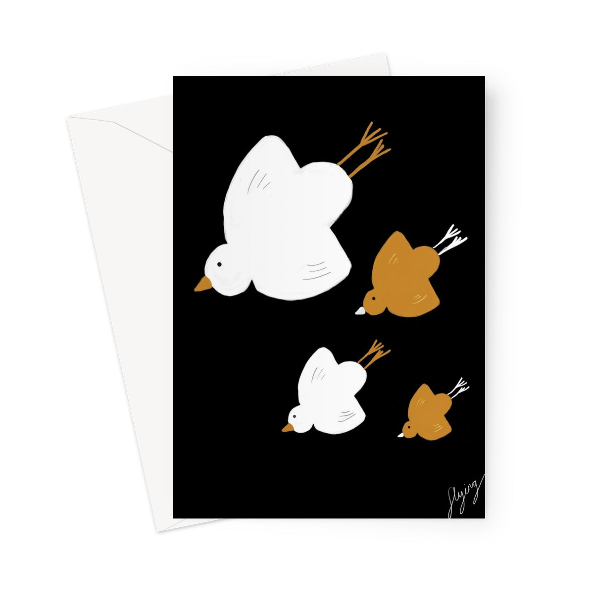 Flying Birds Print - Black with white, brown Greeting Card