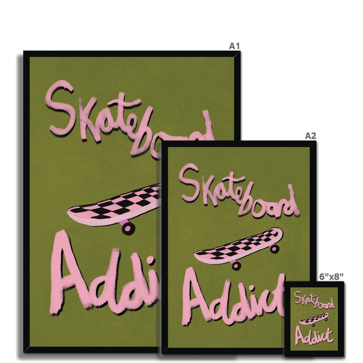 Skateboard Addict - Olive Green, Pink Framed Print