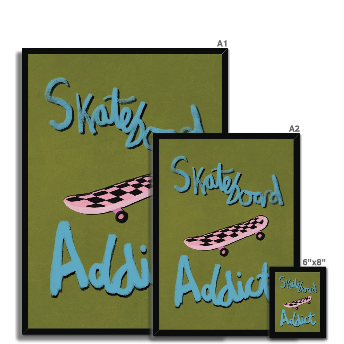 Skateboard Addict - Olive Green, Blue, Pink Framed Print