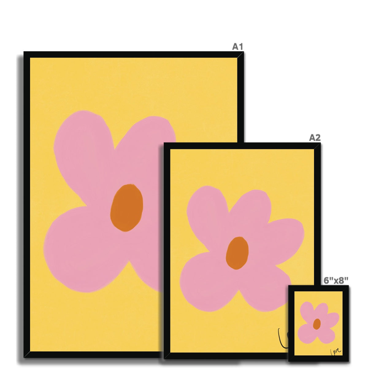 Love Flower Print - Yellow, Pink, Brown Framed Print