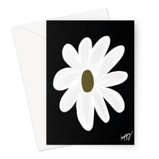 Happy flower print - Black, white, olive green Greeting Card