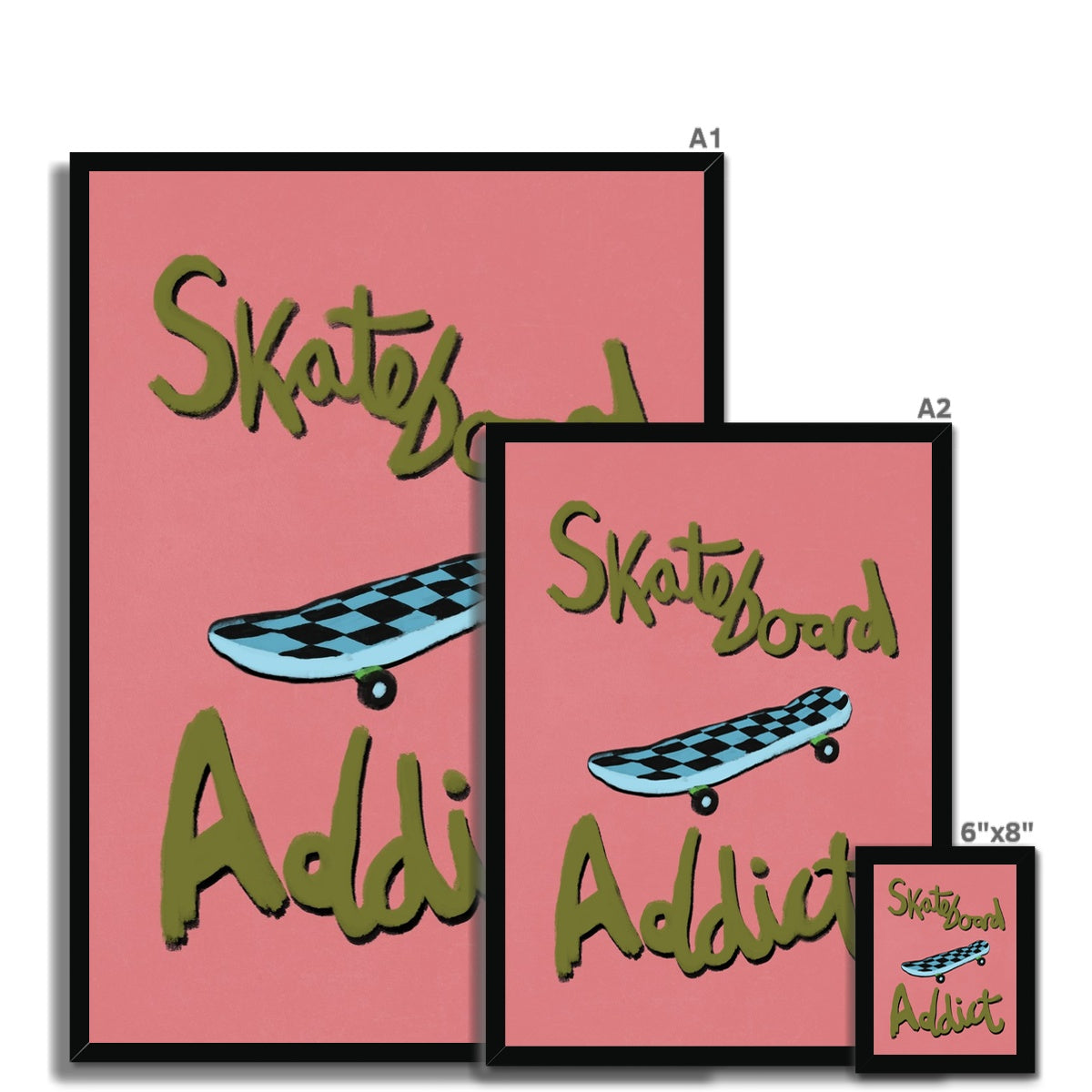 Skateboard Addict - Coral, Olive Green, Blue Framed Print