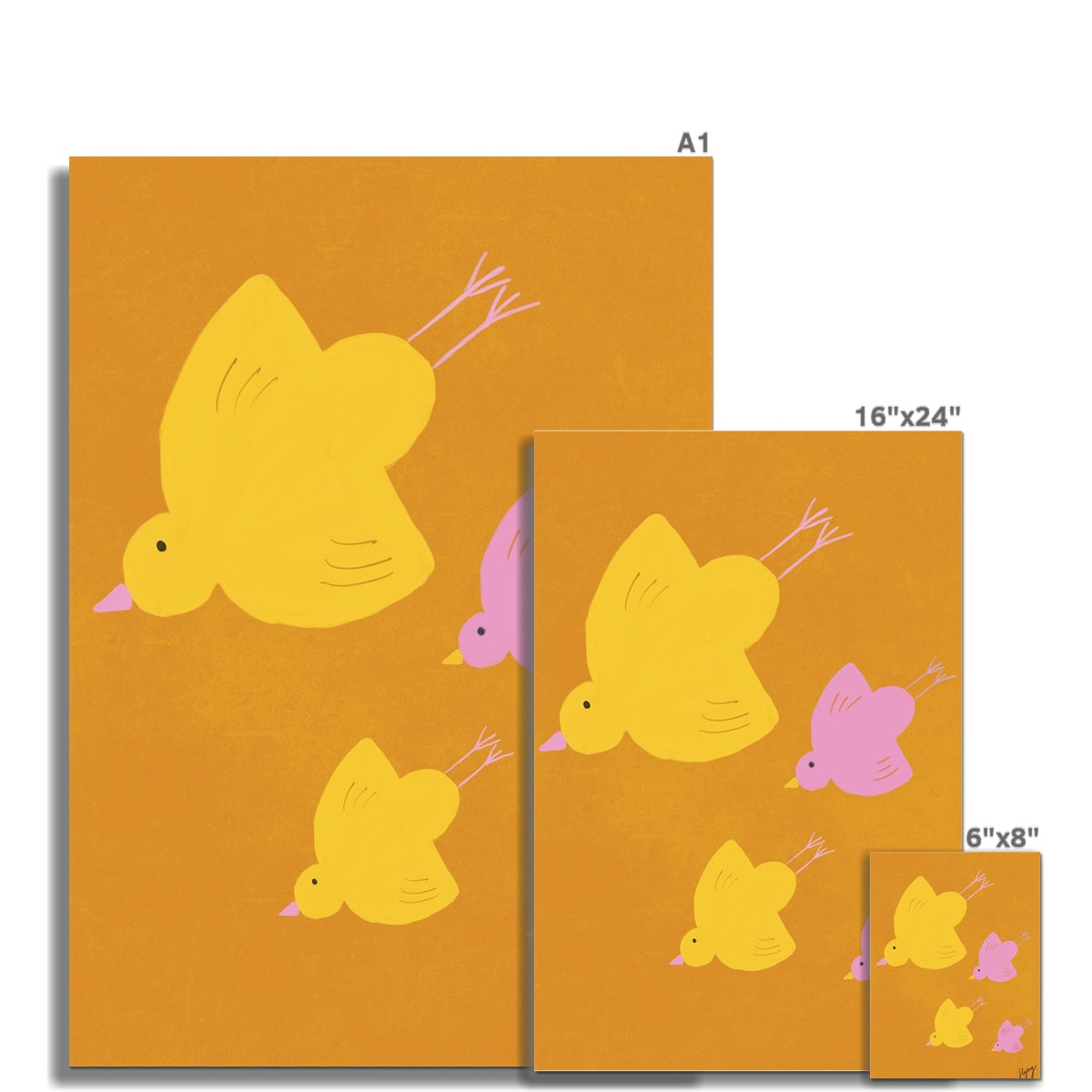 Flying Birds Print - Brown, Pink, Yellow Fine Art Print