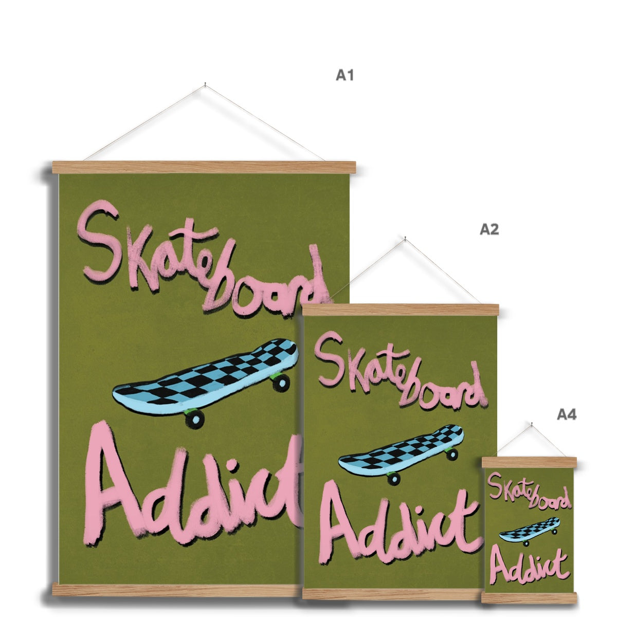 Skateboard Addict - Olive Green, Pink, Blue Fine Art Print with Hanger