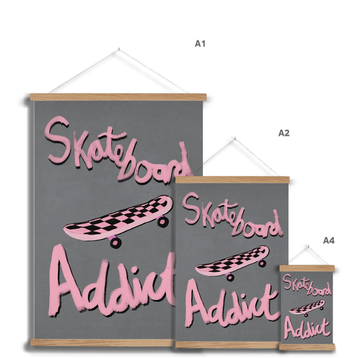 Skateboard Addict - Grey, Pink Fine Art Print with Hanger