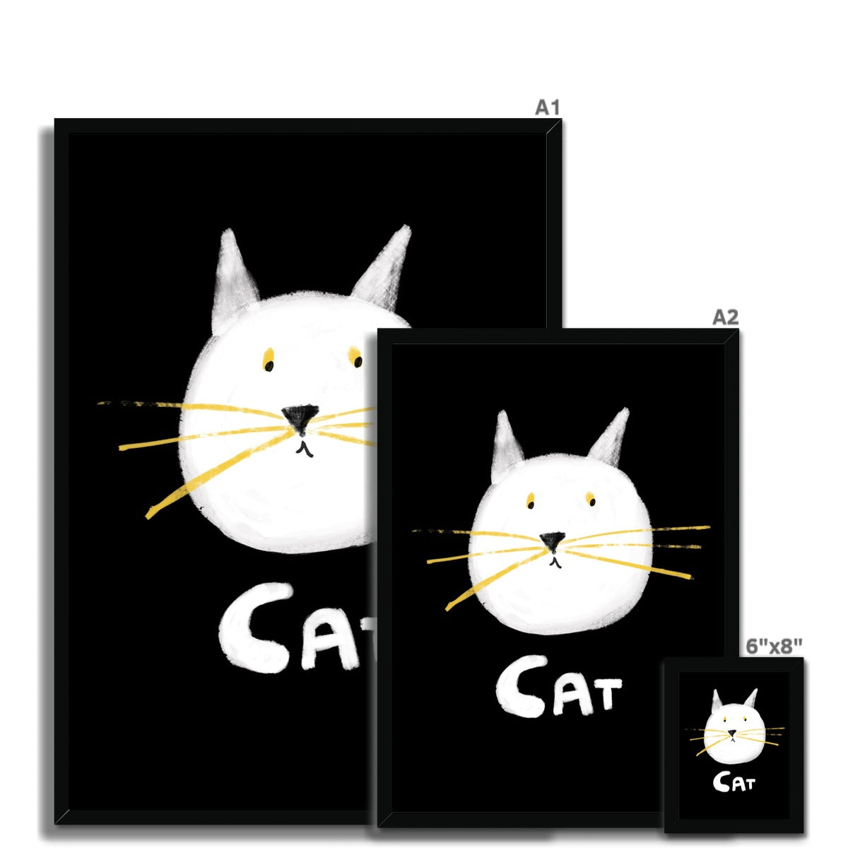 Cat Print - Black with white Framed Print