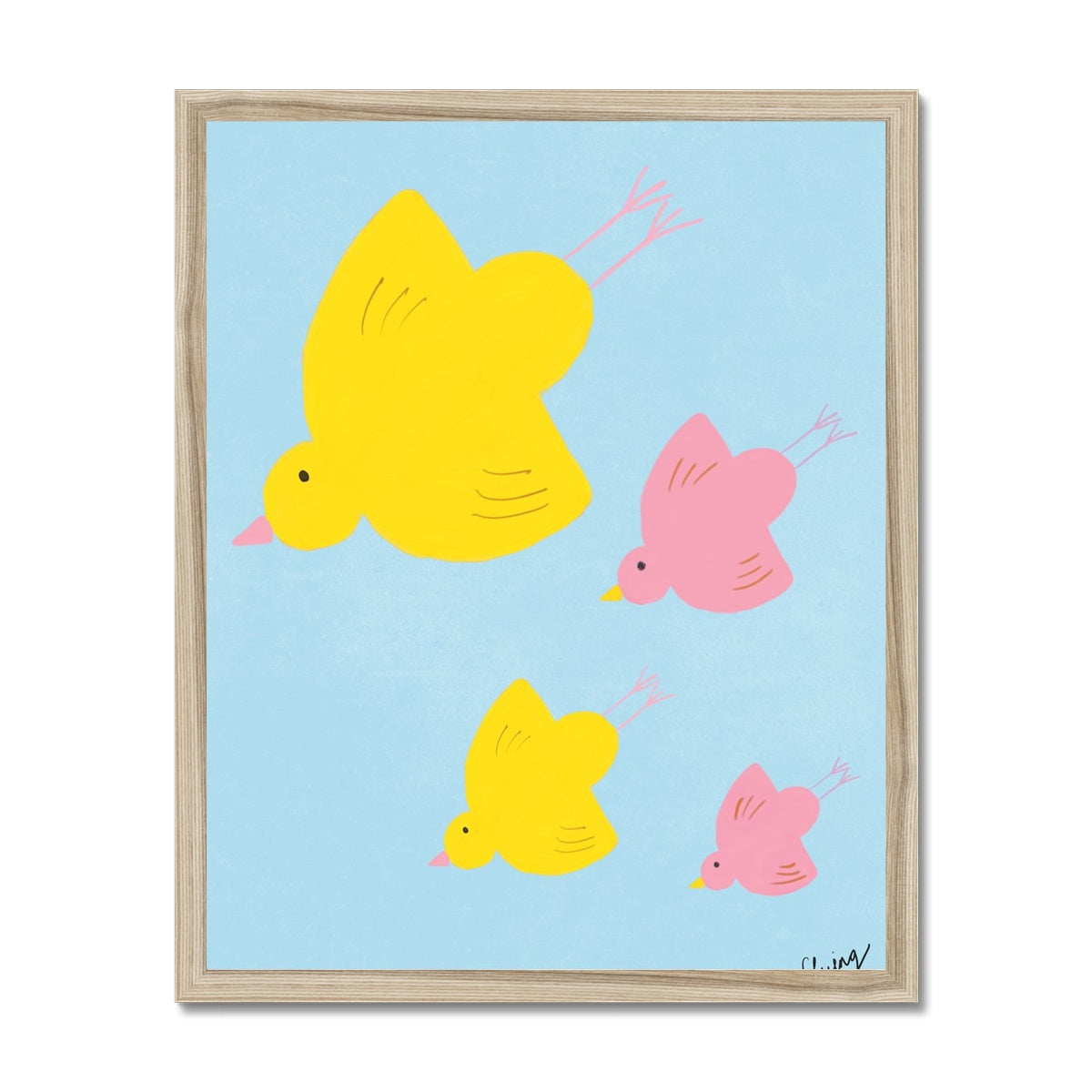 Flying Birds - Blue, Yellow and Pink Art Print Framed Print