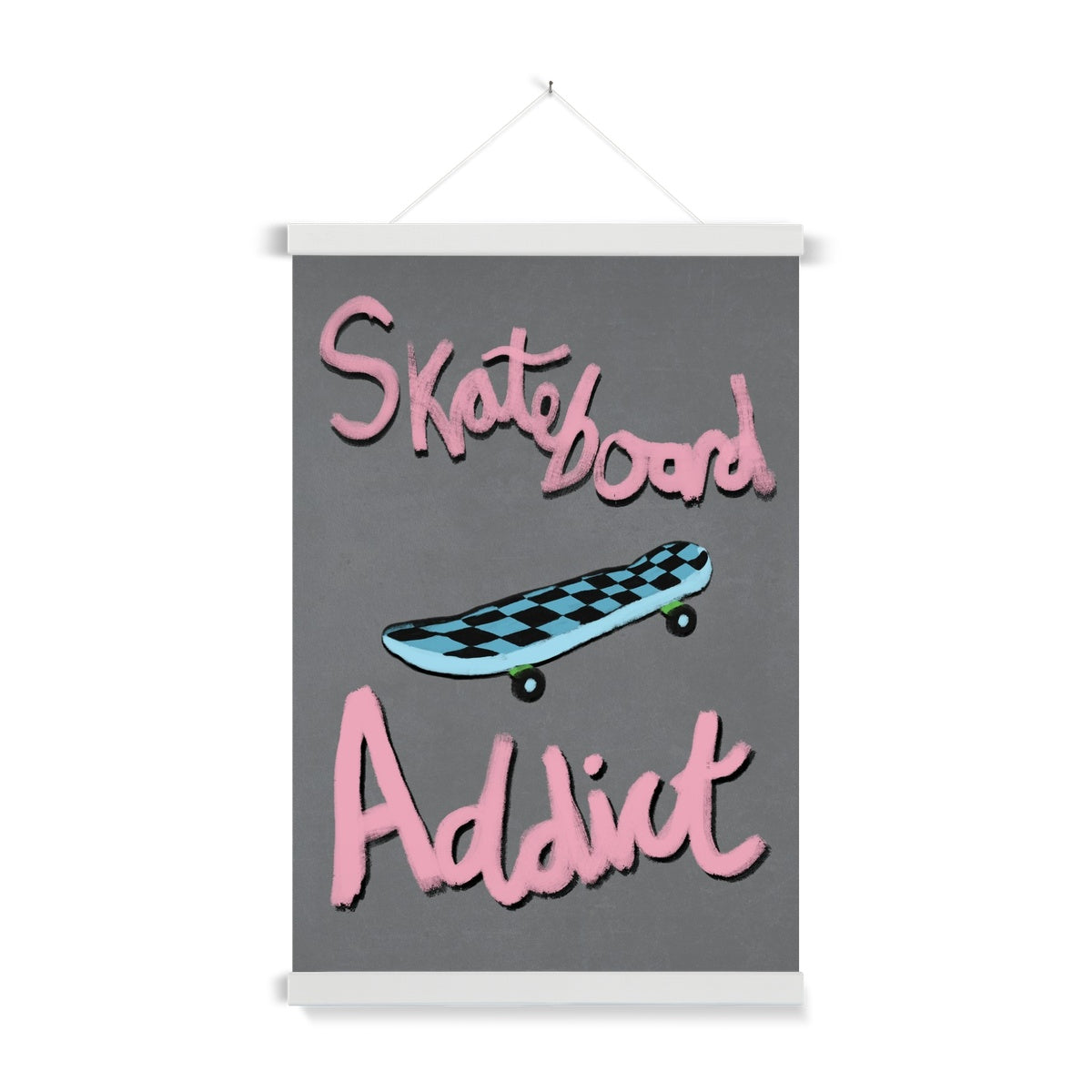 Skateboard Addict - Light Grey, Pink, Blue Fine Art Print with Hanger