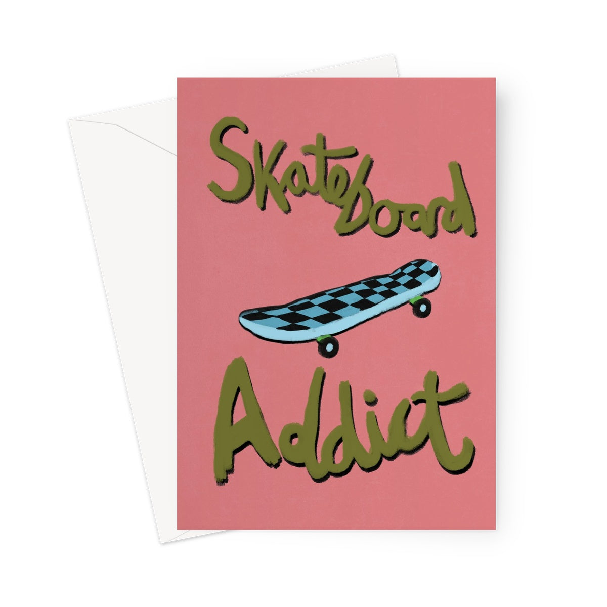 Skateboard Addict - Coral, Olive Green, Blue Greeting Card