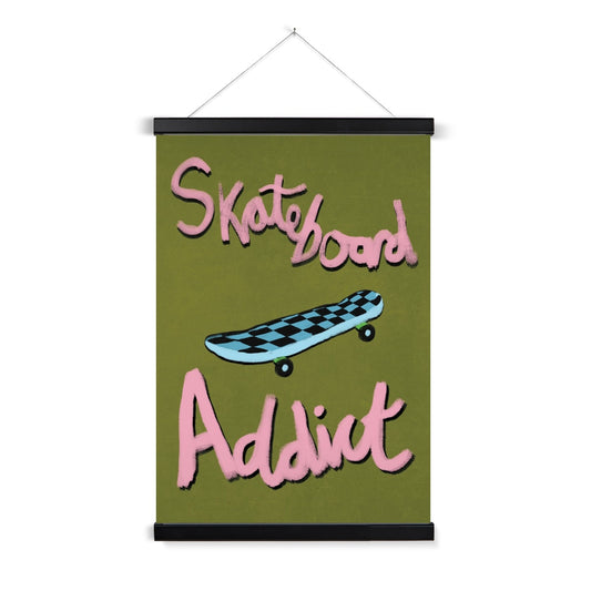 Skateboard Addict - Olive Green, Pink, Blue Fine Art Print with Hanger