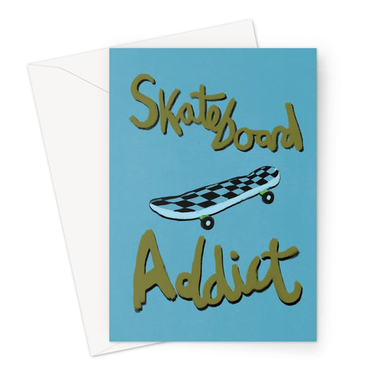Skateboard Addict - Olive Green, Blue Greeting Card