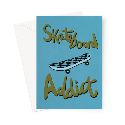 Skateboard Addict - Olive Green, Blue Greeting Card