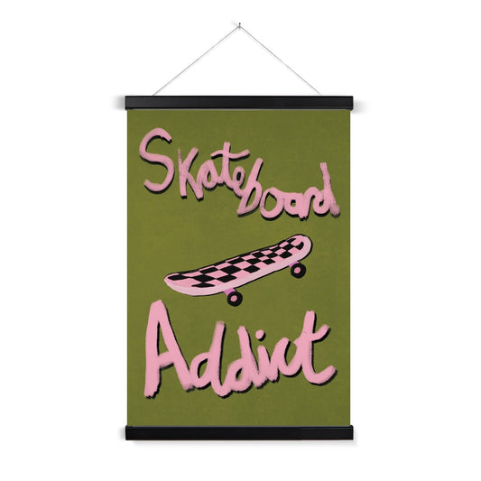 Skateboard Addict - Olive Green, Pink Fine Art Print with Hanger