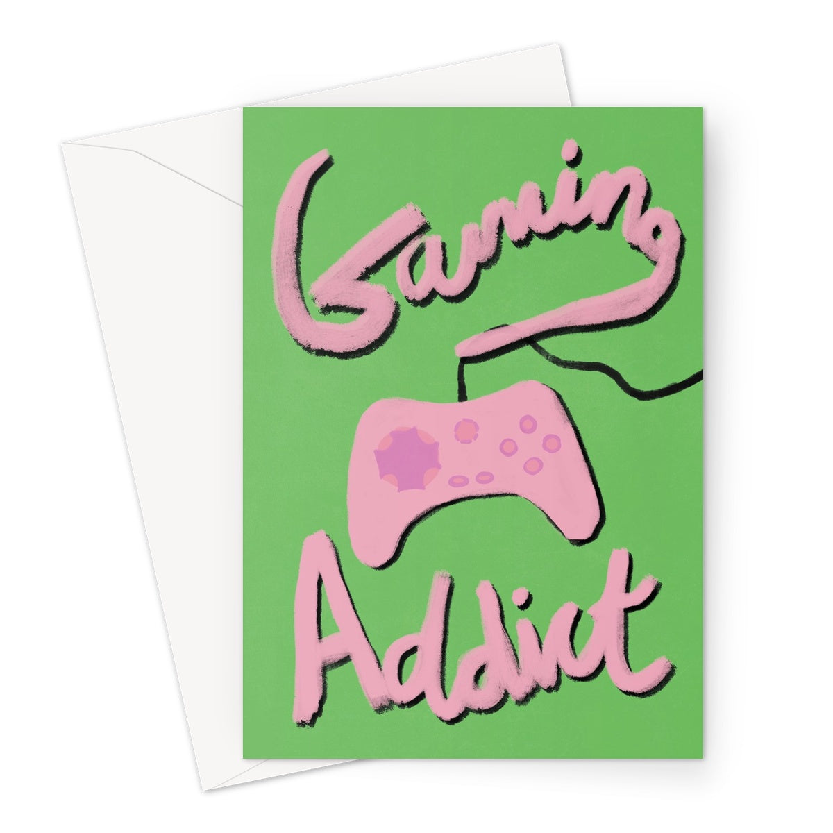 Gaming Addict Print - Green, Pink Greeting Card