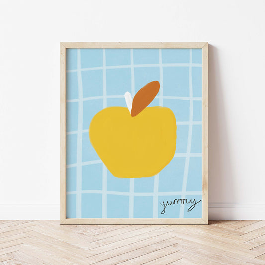 Yummy Apple Print - Blue, Yellow Framed Print