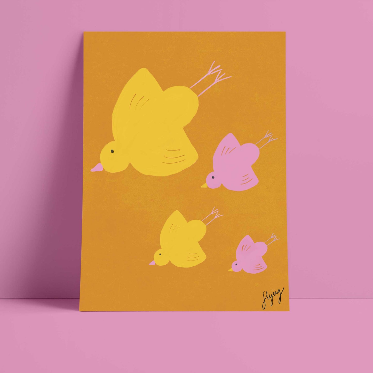 Flying Birds Print - Brown, Pink, Yellow Fine Art Print