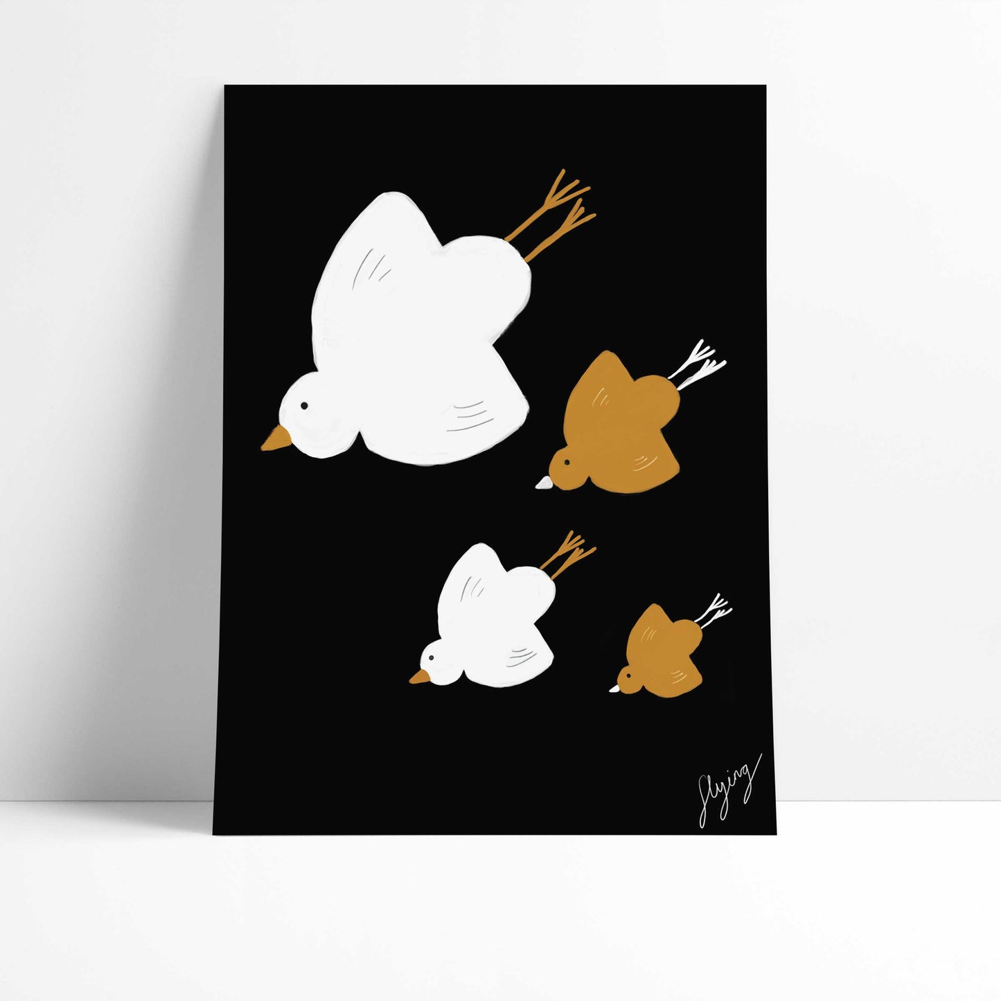 Flying Birds Print - Black with white, brown Fine Art Print