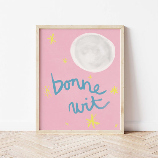 Bonne Nuit Print - Pink with blue Framed Print