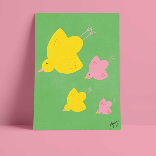Flying Birds Print - Green, Yellow, Pink Fine Art Print