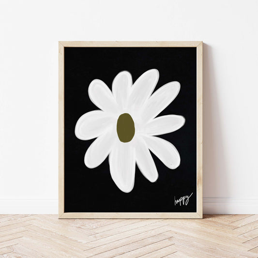 Happy flower print - Black, white, olive green Framed Print
